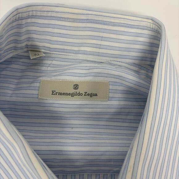 Ermenegildo Zegna 16-41 Blue White Striped Button Down French Cuff Shirt - Picture 2 of 4